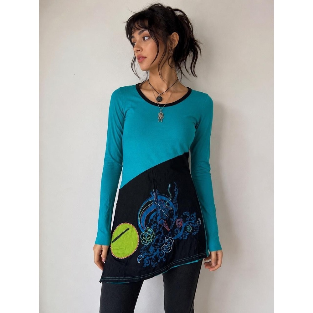 Longline Tunic Top Y2K Nepal Yoga Boho Whimsigoth Cotton Coin Pocket Chartreuse